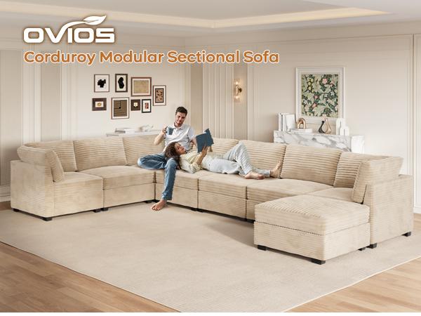 【8 Packages Shipping】Ovios 130.7" Modular Sectional Sofa Couch, U-Shaped Minimalist Couches with Sofa Bed Chaise, L-Shaped Modern Deep Seat Cloud Plush Corduroy Sofas with Ottoman Set for Living Room, 8 Seater