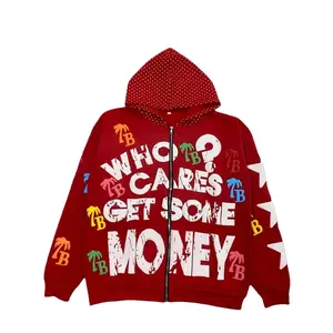 American-style letter print foam printing zip-up hoodie, men's and women's loose-fitting sweatshirt, vintage street hip-hop style women's top, zip-up hooded sweatshirt.