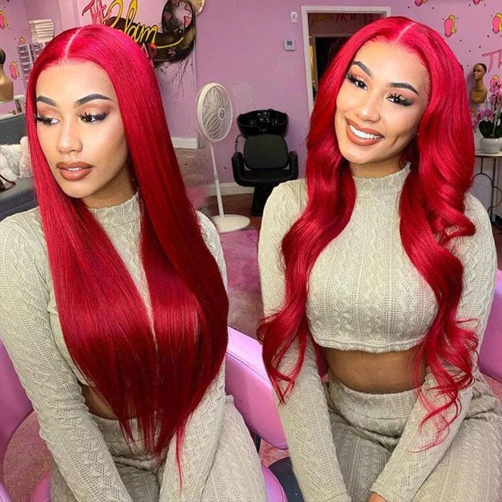 Hot Star Red Color 13x6 HD Transparent Lace Front Wigs with Baby Hair for Women Straight and Body Wave Colorful Wigs 180% Density