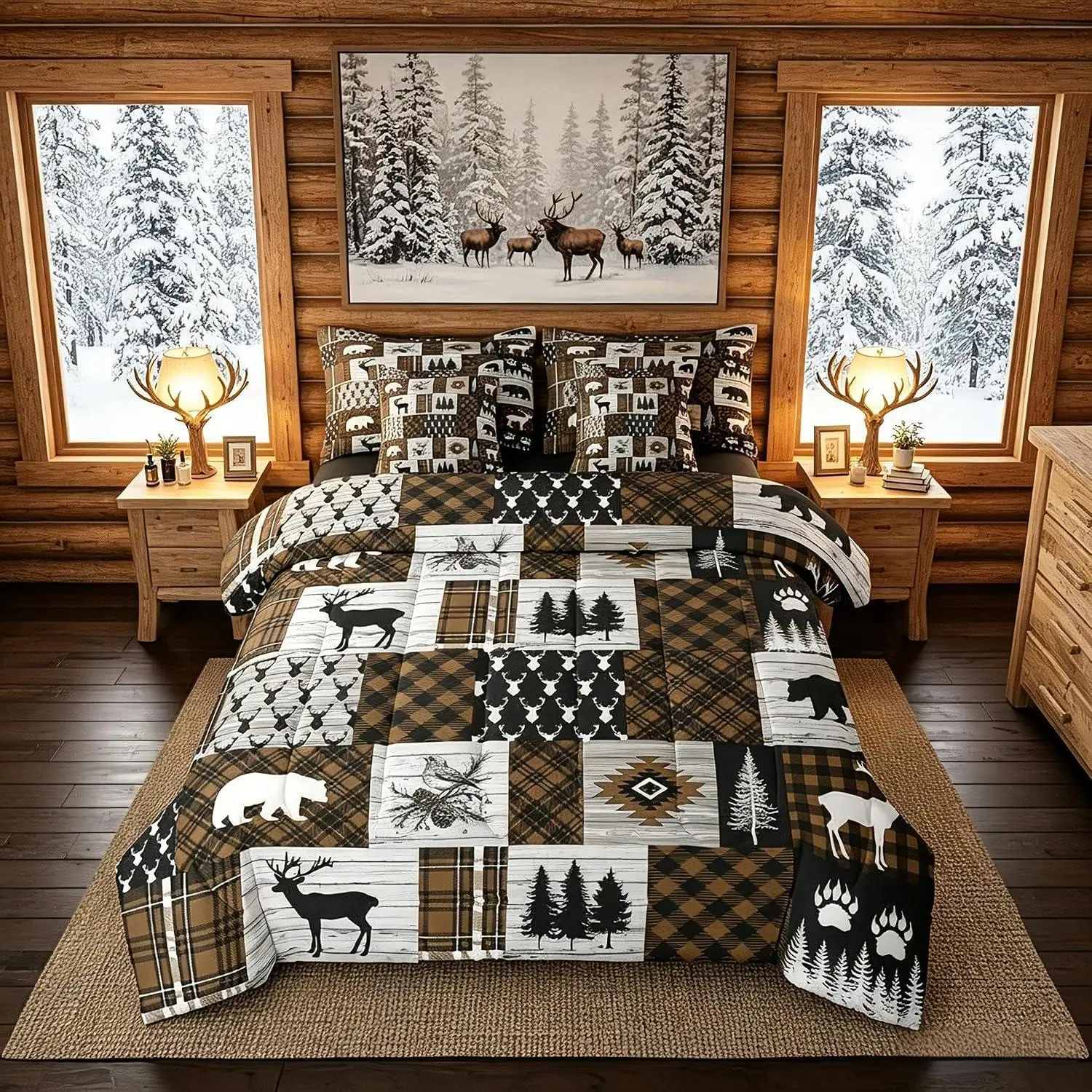 Brown Cabin Comforter Set with Sheets Patchwork Rustic Bedding Set 7 Pieces,Farmhouse Country Lodge Bed in a Bag Men Western Woodland Bed Sets