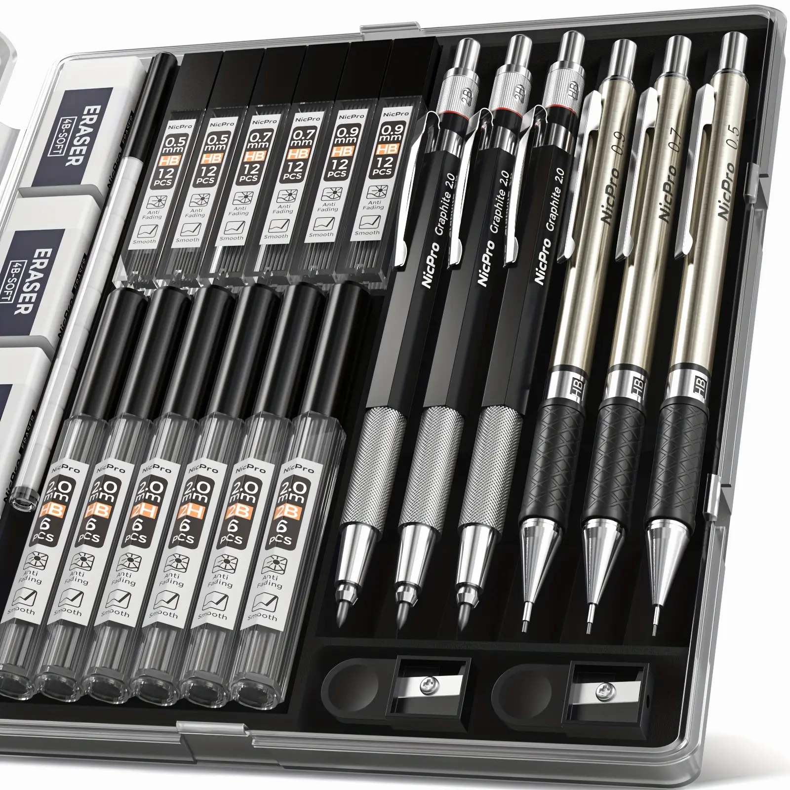 6PCS Mechanical Pencil Set, Metal Drafting Pencil 0.5, 0.7, 0.9mm & 2mm Lead Holder(2B HB 2H) with 12 Tube Lead Refills Case-School Supplies