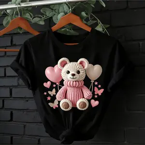Women's Soft T Shirt Featuring Adorable Teddy Bear and Balloon Print Short Sleeve Casual Round Neck Top Lightweight and Stretchy for Daily Wear Girly Casual Style Comfortable Fit