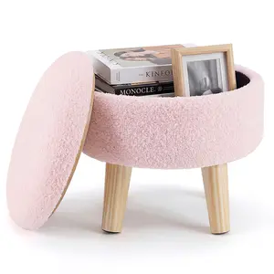 Storage Ottoman Stool Round, Teddy Fabric Footstool with Hidden Storage, Soft Cushioned Seat, Wooden Legs Vanity Stool for Bedroom Living Room Small Space