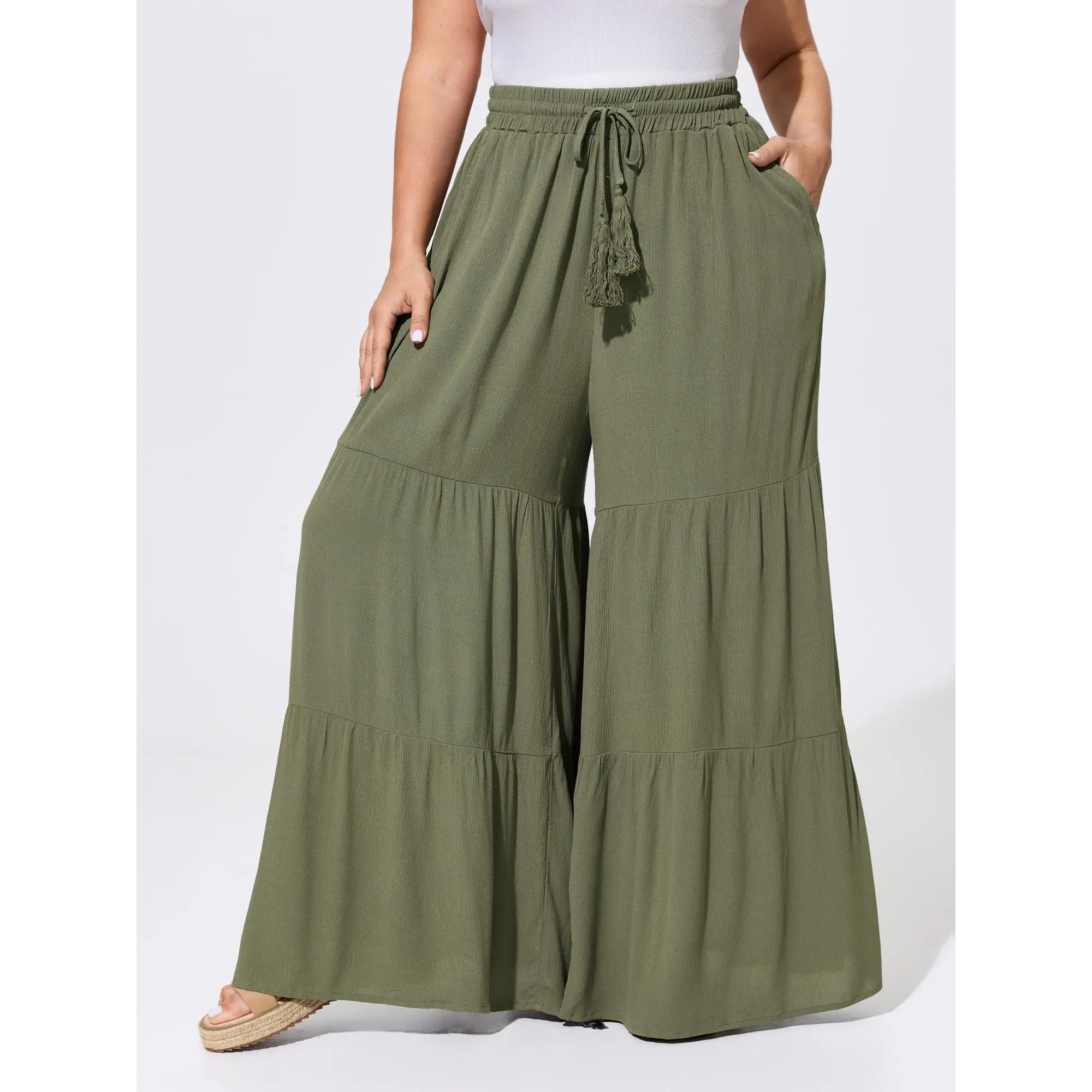 BLOOMCHIC Plus Size Women's Wide-Leg Pants - Tassel Drawstring, Tiered, Smooth Rayon, Baggy, Oversized, Pockets, Machine Washable, Summer Finds, [M-6X] [26/4X], Curvy Clothing Bottoms, Garment