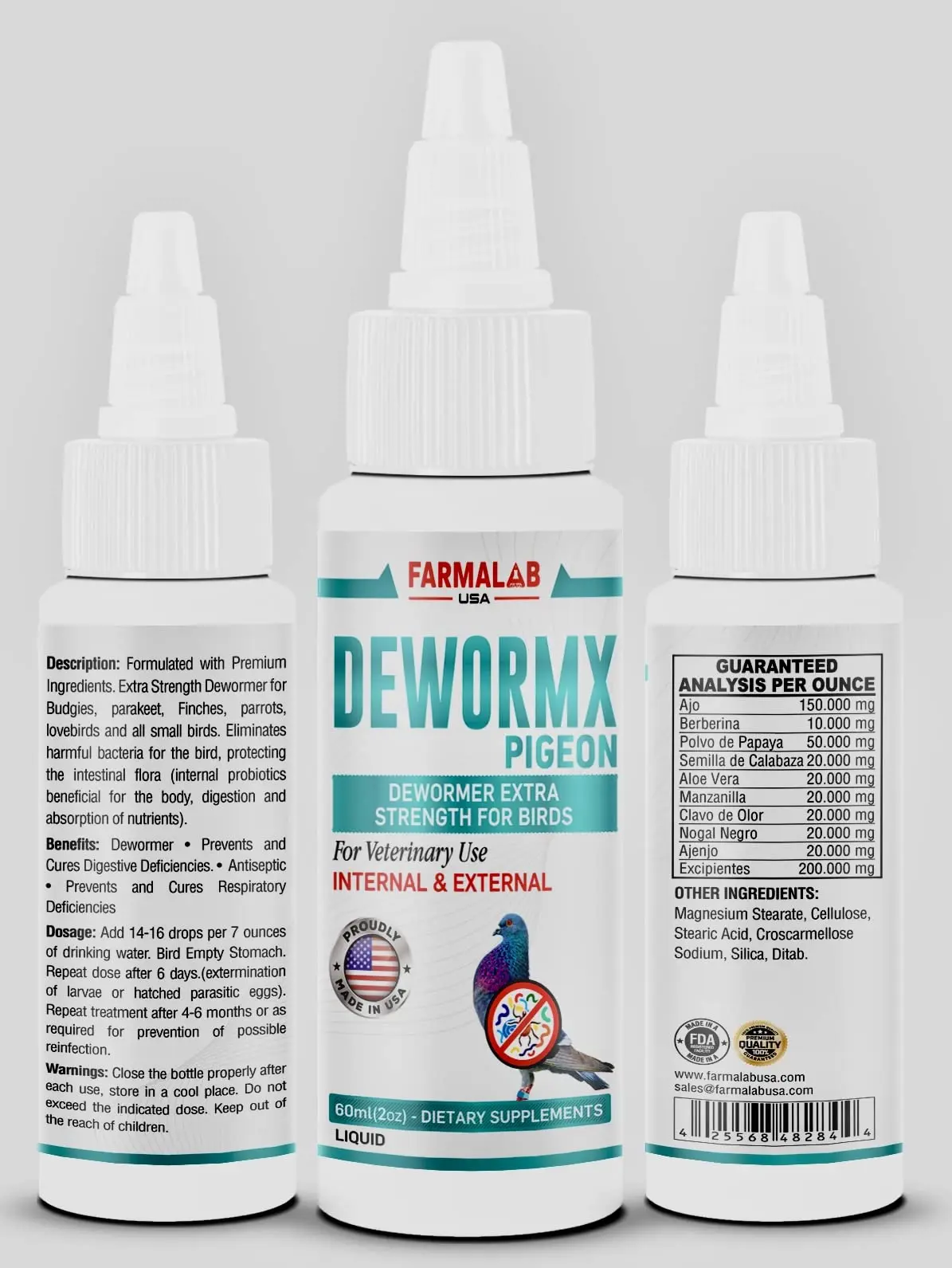 Farmalab DEWORMX Extra Strength Liquid Dewormer Tabs for Doves - Premium Ingredients, Pigeonvita Vitamins, La Lechita Supplement - 2oz Bottle, 8oz Loft Size