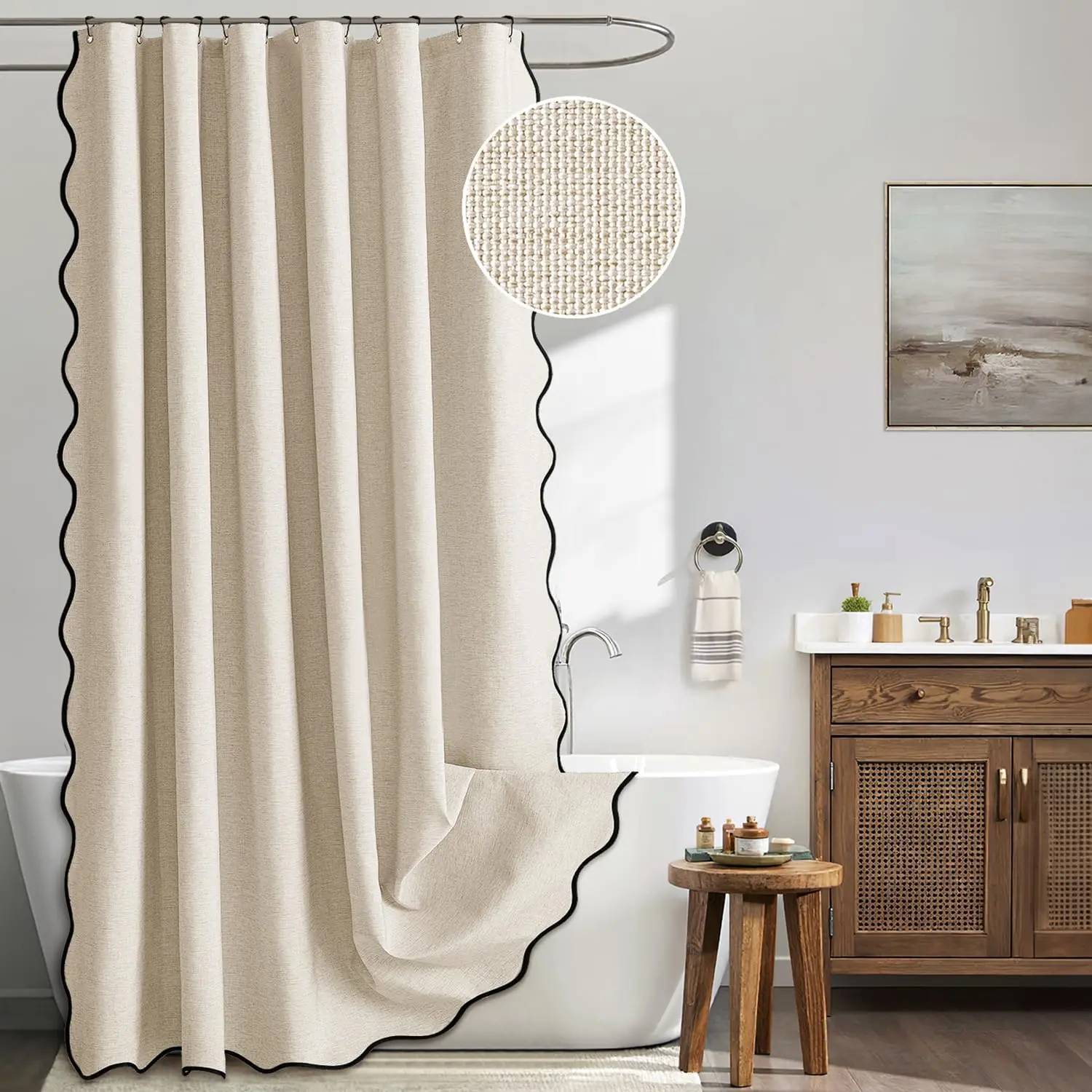 Beige Scalloped Linen-Textured Shower Curtain with Black Border, 12 Metal Hooks, Heavy-Duty, Washable, Waterproof, Neutral Thick Cloth Shower Curtains for Bathroom