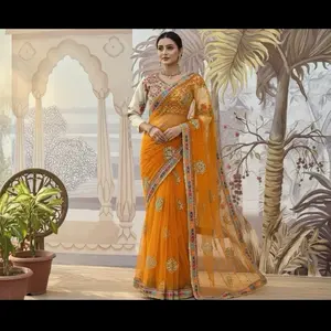 Women's Designer Net Embroidery Saree with Fancy Lace Border, Mustard Color 2-Piece Set with Stitched Blouse, Clothes for Women with Butterfly Accents, Fits Various Occasions, Fashion Accessories Inclusive