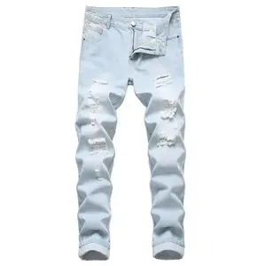 Men's Casual Ripped Skinny Jeans, Cotton Blend, Non-Stretch, Solid Color, Regular Fit, with Zipper Fly, for All-Season Wear, Night Out, Business Negotiation, Festive Parties, and Outdoor Activities, Business Casual Pants | Fashionable Trousers | Cotton B