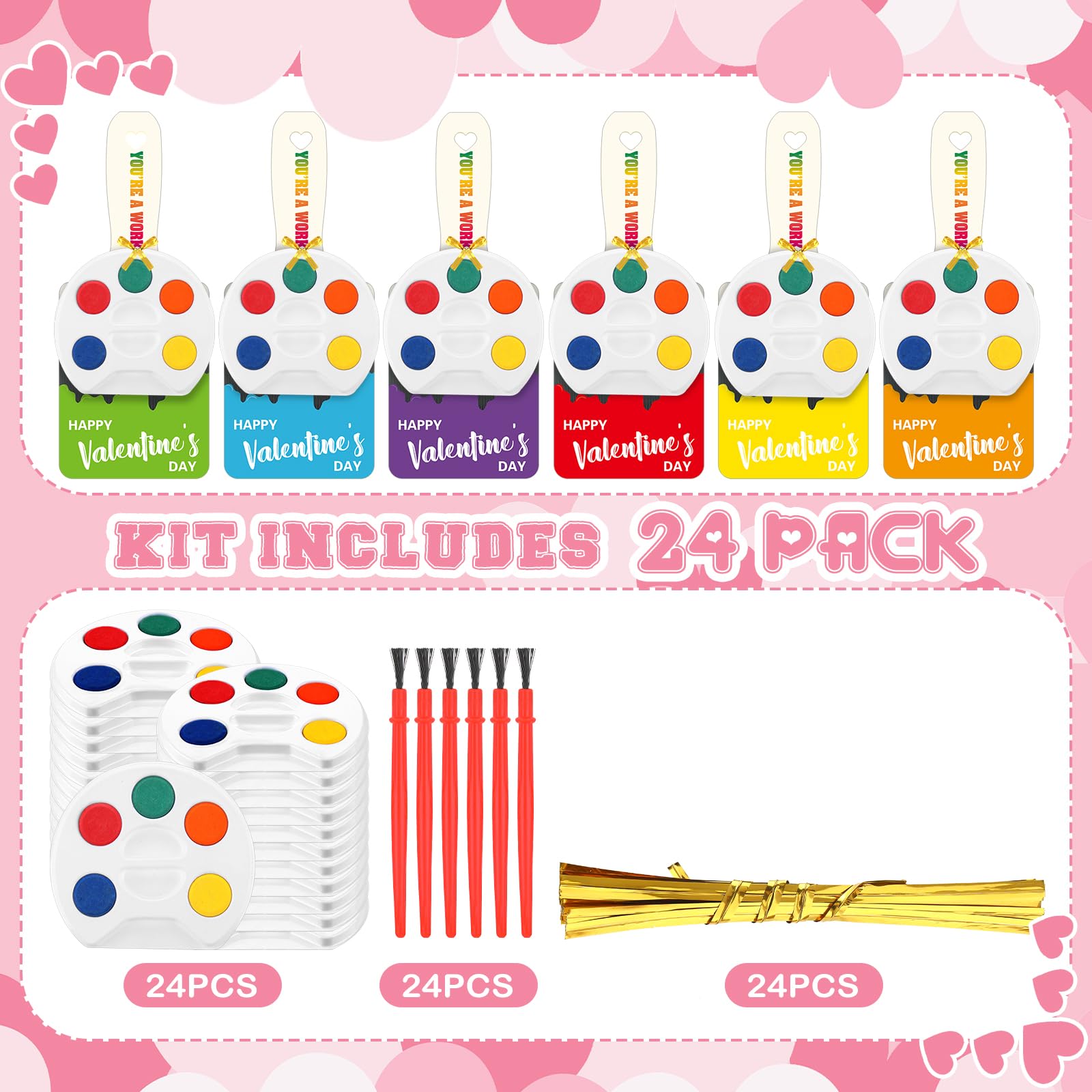 [Valentines Idea] 24 Sets Watercolor Paint Sets Mini Water Color Paints with Valentine Card Heart Shaped Paint Sets for Valentine's Gifts Art Party Favors End of Year Gifts Birthday Classroom Gifts Art Supplies for Beginner Painting