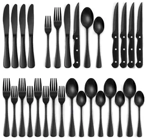 EWFEN 24-Piece Black Silverware Set with Steak Knives, Black Flatware Set for 4, Food-Grade Stainless Steel Tableware Cutlery Set, Mirror Finished Utensil...