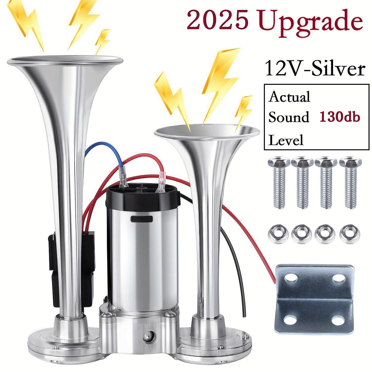2026 Upgraded 12V 130DB Air Horn Dual Horn, Horn Kit with Air Compressor,Dual Electric Air Horns Kit with Compressor for Vehicles Trucks Pickup Trains Lorrys SUVs Cars Boats (12V SilverBlack) Alarm for Home Security,