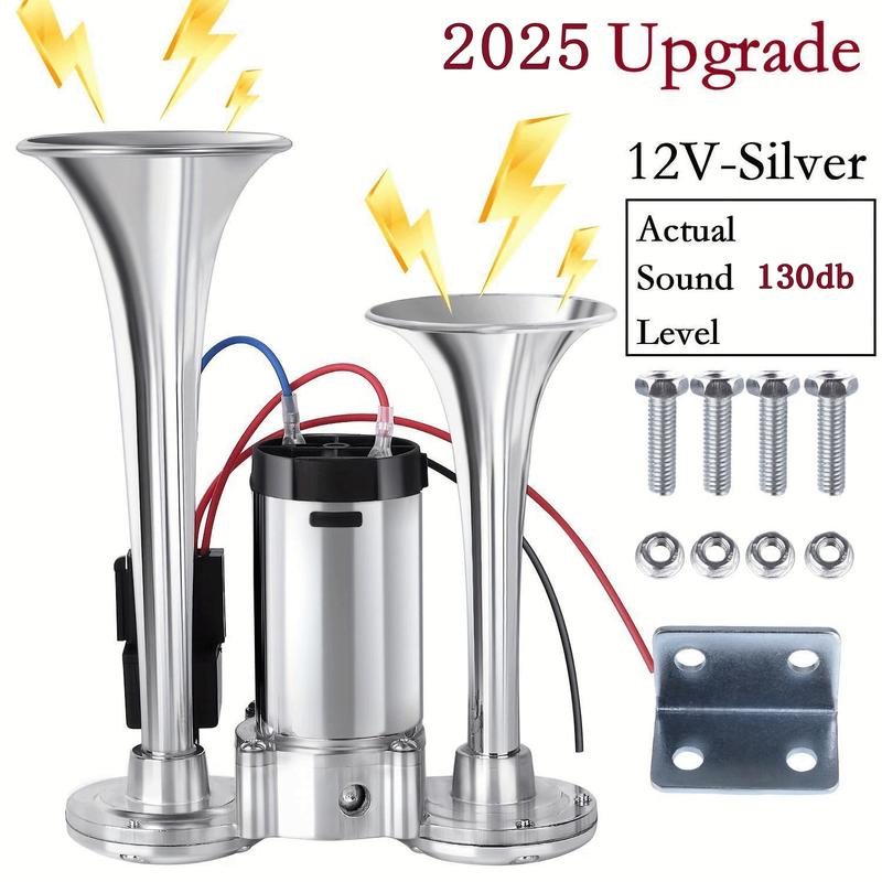 2026 Upgraded 12V 130DB Air Horn Dual Horn, Horn Kit with Air Compressor,Dual Electric Air Horns Kit with Compressor for Vehicles Trucks Pickup Trains Lorrys SUVs Cars Boats (12V SilverBlack) Alarm for Home Security,