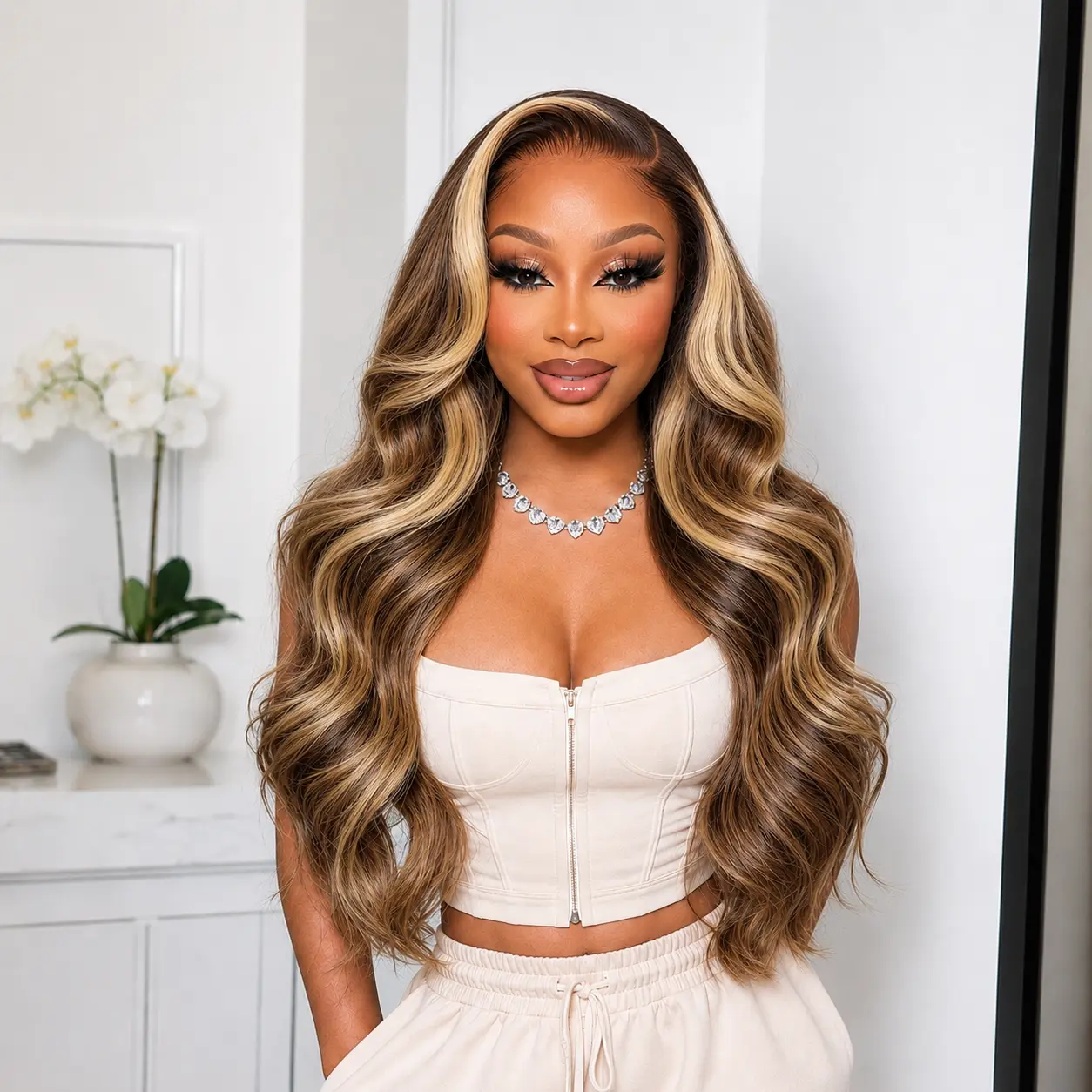QUANDIAN 13x6 HD Lace Front Wigs Human Hair, 200% Density Body Wave Blonde Human Hair Wig with 22.5 Medium Cap, P4/27 Honey Blonde Ombre Highlight Pre-Plucked Hairline