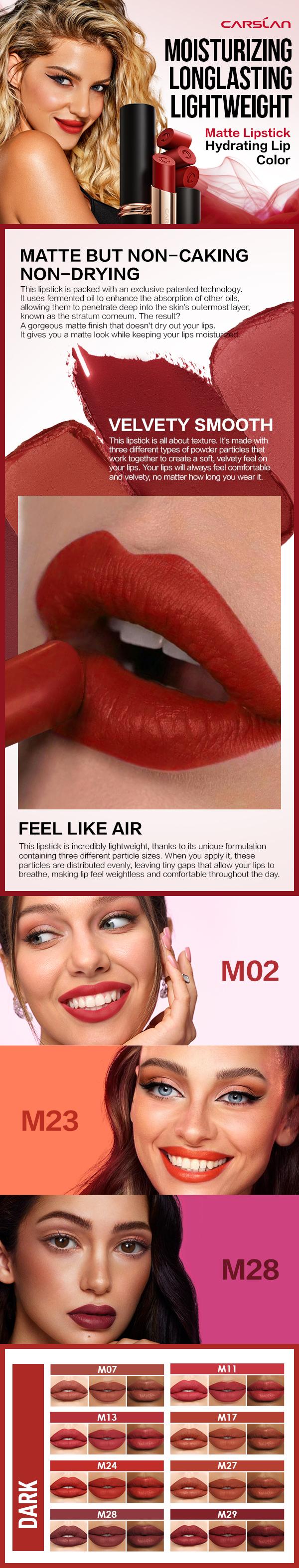 CARSLAN Matte Lipstick, Hydrating Lip Makeup, Highly Pigmented Lipstick with Moisturizing Formula, Lightweight, Smooth, Summer Gift For Women, Girl