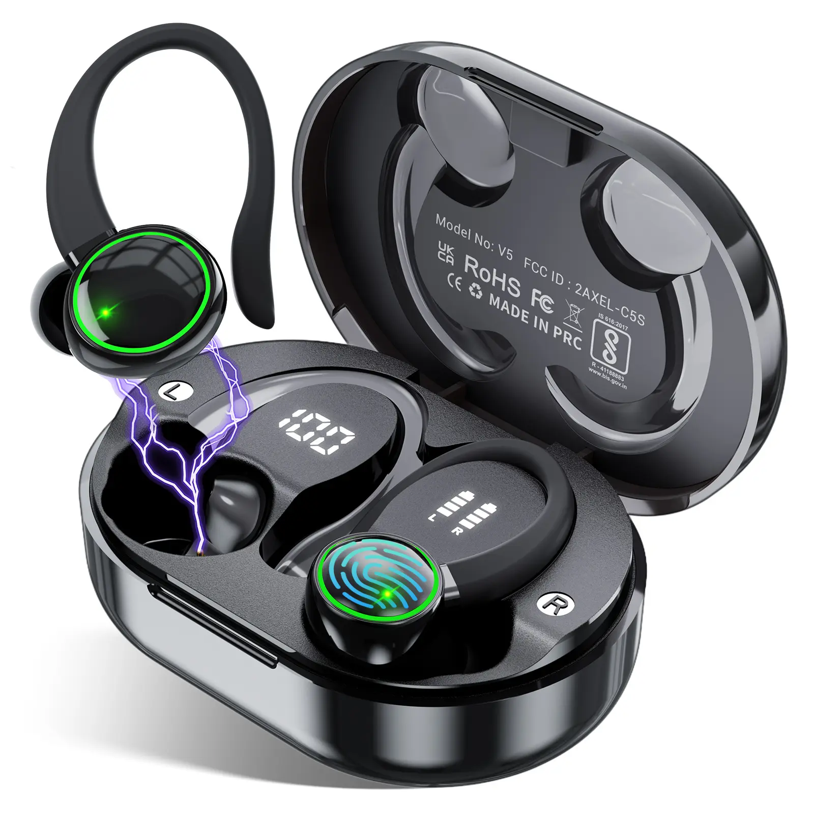 Wireless Bluetooth 5.3 Earbuds - Bluetooth Headphones, Waterproof IPX7 In-Ear Hanging Headphones, Type-C Jack, Noise Reduction, High-Quality Audio, 1-Year Warranty (Black) for Tablet, Game Console,back to school,back to school haul