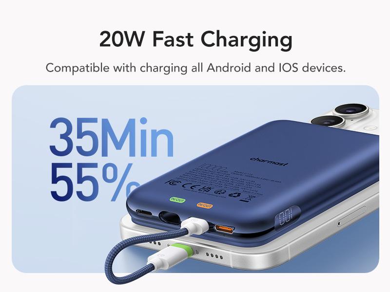 Charmast 10000mAh Wired Power Bank 20W Fast Charging Portable Charger with Removable Cable and LED Display, Slim Non-Wireless Battery Pack for Phones and Tablets Usb Compact