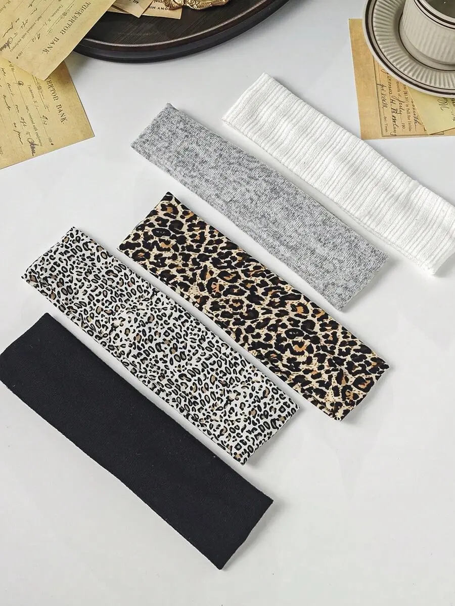 Soft Turban Style Headbands for Women, 5-Piece Satin Leopard Print Set, Adjustable Headgear for Everyday & Fall Winter Wear, Daily, Fashion Headbands, Hair Accessories Set