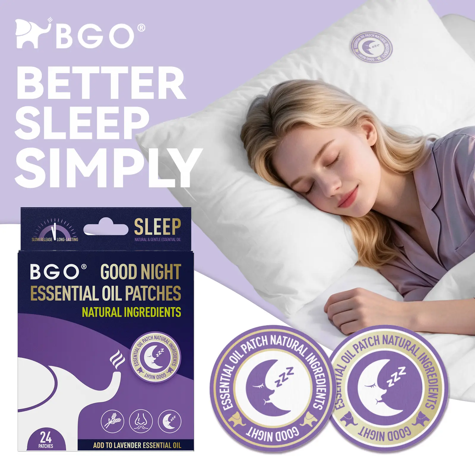 BGO Sleep Essential Oil Patches, Natural Lavender Aromatherapy Sleep Support Stickers, Deep Relax Sleep Aid Patches for Adults, 24 Count<D>