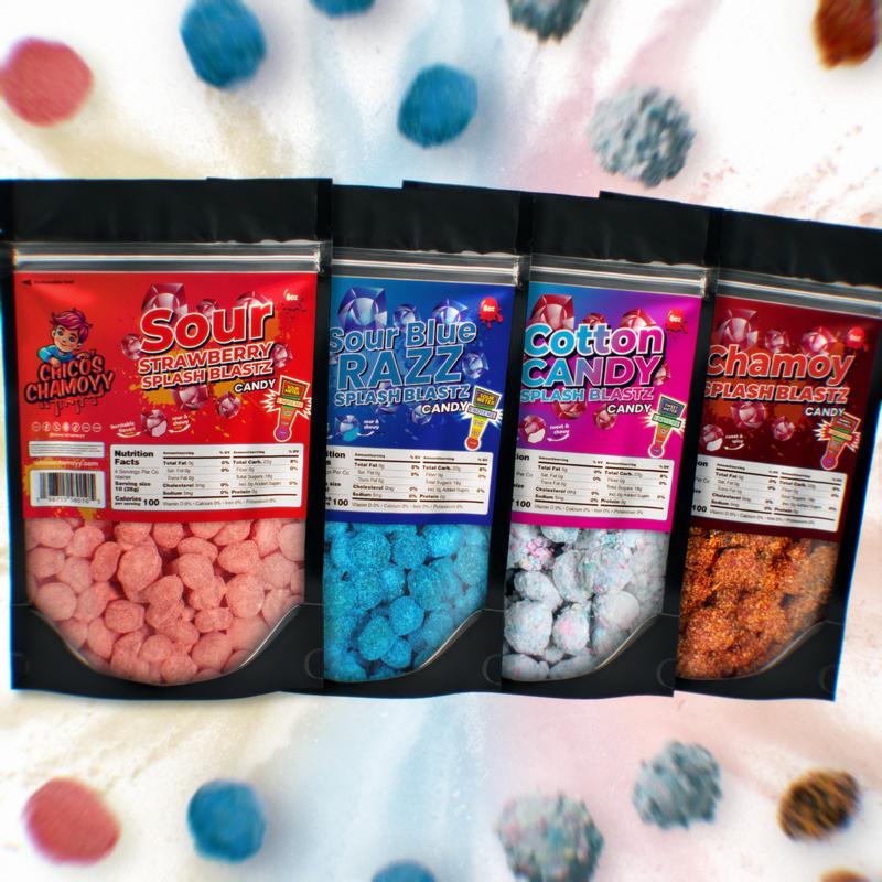 Viral Gushers 4 Pack Ultimate 24oz Splash Blastz Bundle- Sour Blue Razz 6oz + Cotton Candy 6oz + Sour Strawberry 6oz + Chamoy 6oz - Chicos Chamoyy