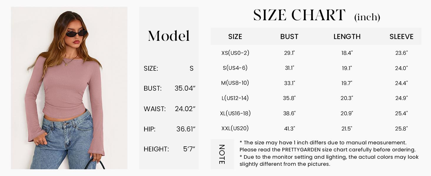 PrettyGarden Women's Long Sleeve Shirts 2025 Fall Crop Going Out Tops Casual Boat Neck Bell Sleeve Ribbed Ruched Y2K Clothes