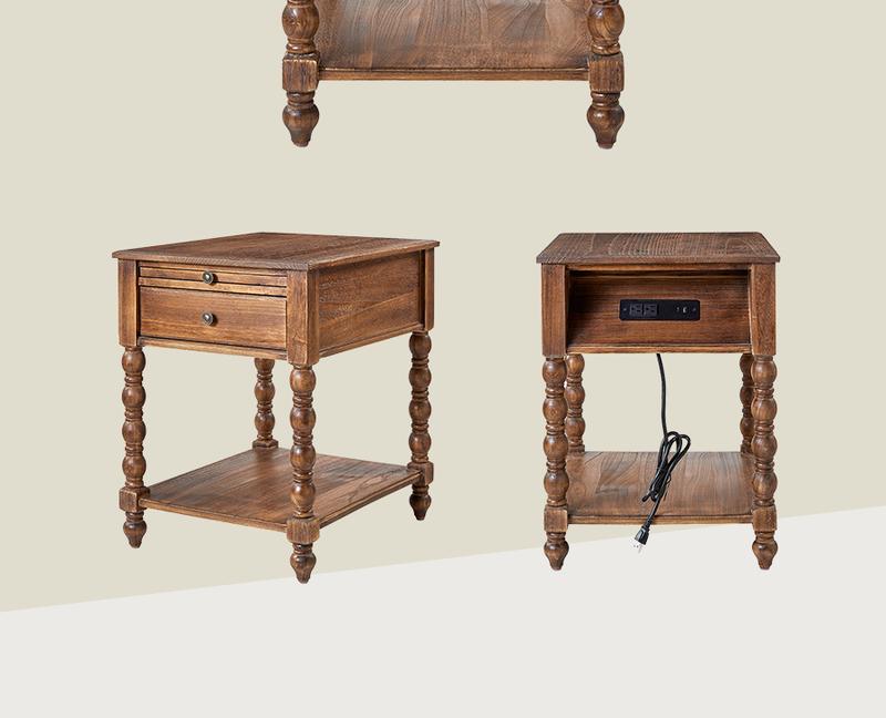 Hulala Ira 26" Tall Farmhouse Solid Wood End Table with Built-in Charging Outlets, Computer Tray and Extendable Tray, Built-in Charging Outlets, Traditional and Farmhouse Style, Solid Wood Construction, Versatile Functionality Hulala Ira 26" Tall Farmhouse Solid Wood End Table with Built-in Charging Outlets, Computer Tray and Extendable Tray, Built-in Charging Outlets, Traditional and Farmhouse Style, Solid Wood Construction, Versatile Functionality