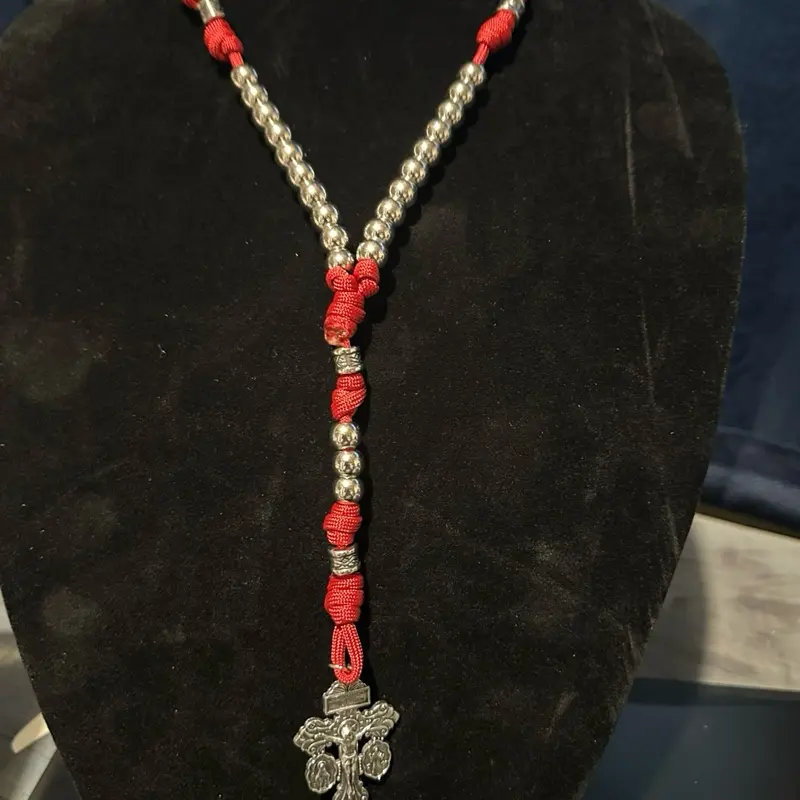 Handmade paracord 5 decade rosary blessed red and silver