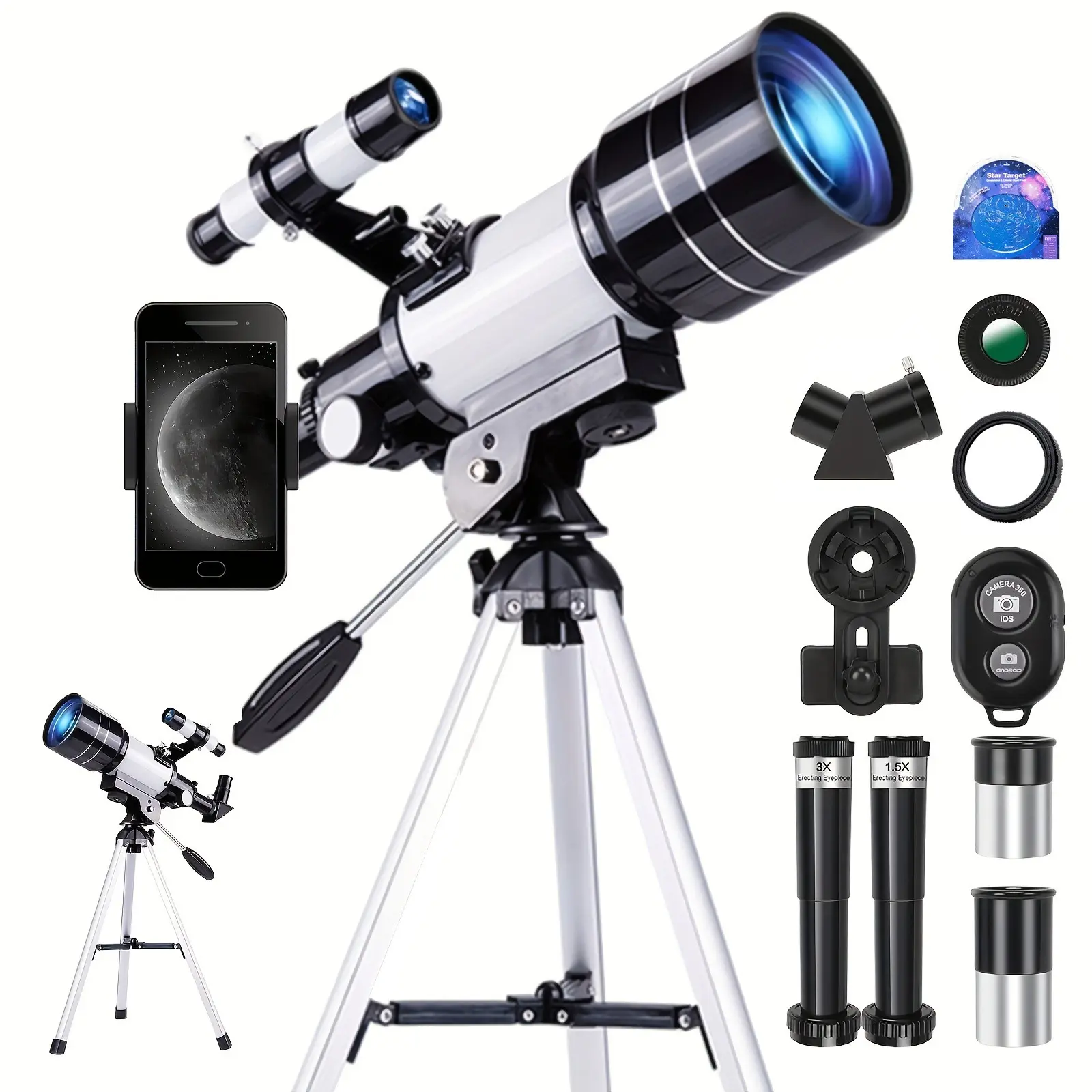 Portable Astronomy Telescope, Camping Gear with Multiple Accessories for Stargazing, Bird Watching