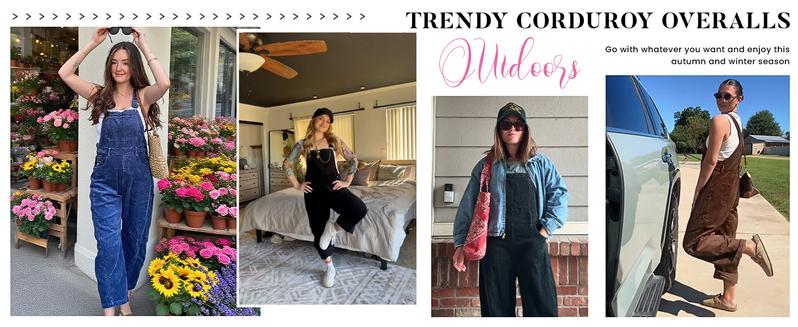 Yeokou  Corduroy Overalls for Women Barrel Wide Leg Bib Corduroy Pants Women Adjustable Romper Jumpsuit with Pockets