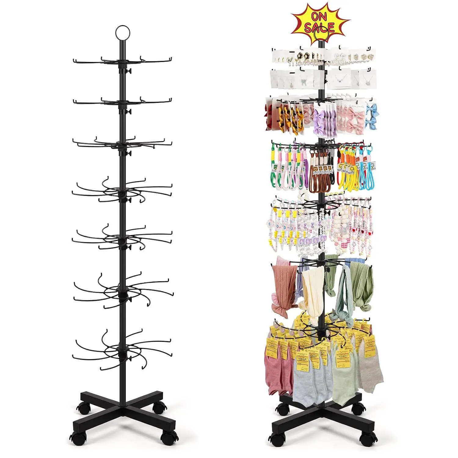 Retail Display Stand, 3/5/7-Tier Rotating Display Rack for Store Display, Rolling Freestanding Vendor Stand with Lockable Casters and Advertising Clip,Movable and Adjustable Spinning Display Stand for Earrings, Jewelry, Keychains, Socks Display