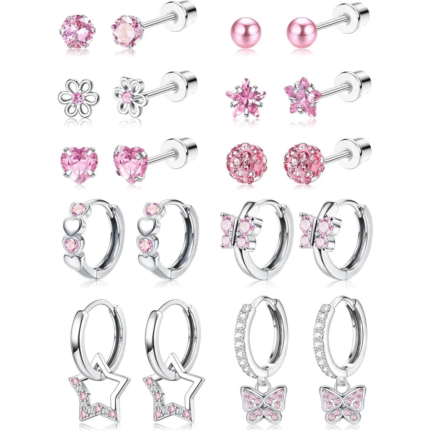 CASSIECA High Quality Surgical Steel Screw Back Pink Earrings Set - Hypoallergenic Lightweight Pink Dangles for Sensitive Ears Women's Silver-Tone Metal Jewelry, Toddler-Friendly Metal Coating Hoops