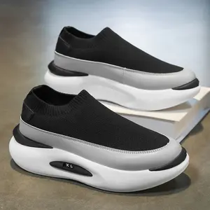 CORASUN Men's Thick Sole Flyknit Walking Shoes, Breathable Lightweight Slip-on Sneakers for Gym, Casual Work & Travel, Black and Yellow