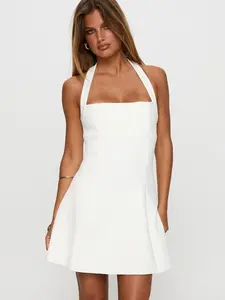Alyn Halter Mini Dress White for Women, Square Neckline, Fixed Halter Strap, Invisible Side Zip, Lined Bust, Polished Event-Ready Look