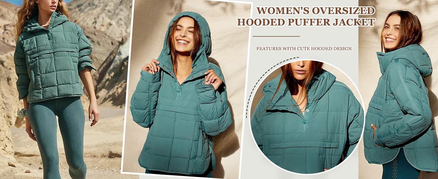 Molitree Women's Oversized Hooded Puffer Jacket Quilted Lightweight Winter Warm Pullover Padded Hoodies Coat
