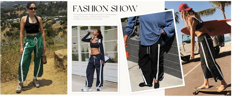 Naeduo Women's Baggy Wide Leg Pants Casual Drawstring Elastic Waist Contrast Color Workout Y2K Track Pants Striped Sports Bottoms All Seasons Lightweight Parachute Fabric for Hyrox