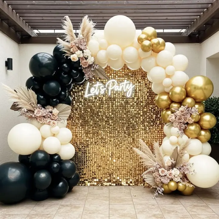 Black, White & Gold Balloon Garland Kit with Double-Stuffed Balloons for Graduations & Parties