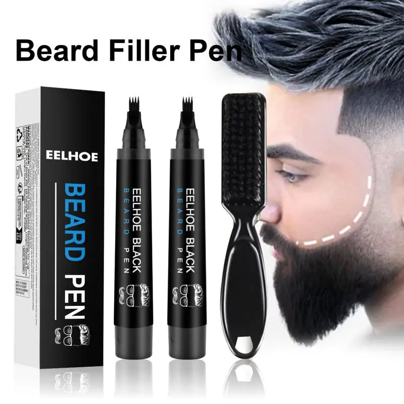 Men's EELHOE Beard Filler Pen 2-Pack with Brush, 4-Tip Applicator, Beauty Products for Daily Grooming, Waterproof, Mens Gifts, Fuller Look (Shake First)