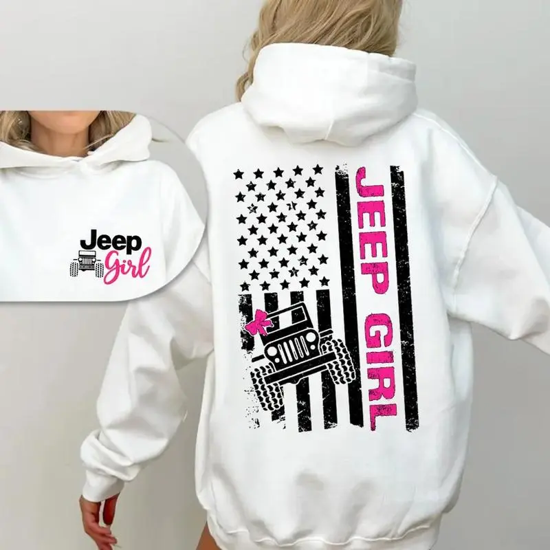 Jeep Girl Hoodie – Cute Off-Road American Flag Sweatshirt for Women, Pink Bow Grille Pullover, Adventure Style