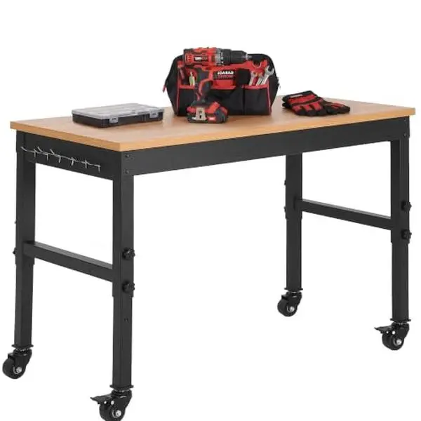 48" Work Bench for Garage,2200 lbs Capacity, Adjustable 29.5"-37",4 Wheels PREMIUM DURABILITY IRON & WOOD 2200LBS HEAVY LOAD-BEARING BUILT-IN POWER STRIP FOR CONVENIENCE 3 HEIGHT ADJUSTABLE DESIGN