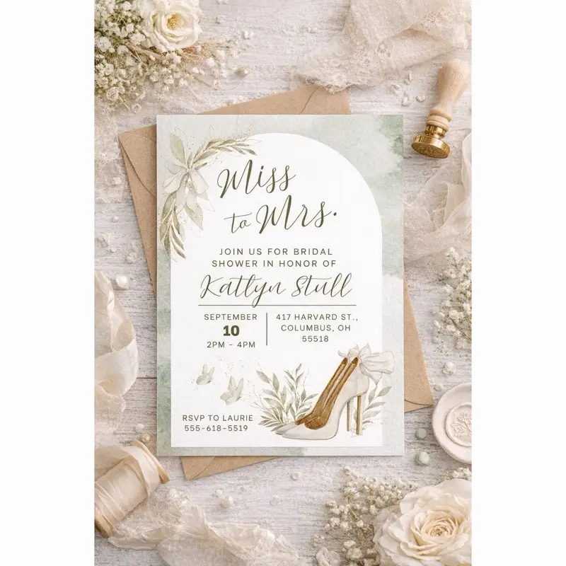 Miss to Mrs Bridal Shower Invitation | Greenery, Butterflies, Heels (5x7)