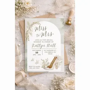 Miss to Mrs Bridal Shower Invitation | Greenery, Butterflies, Heels (5x7)