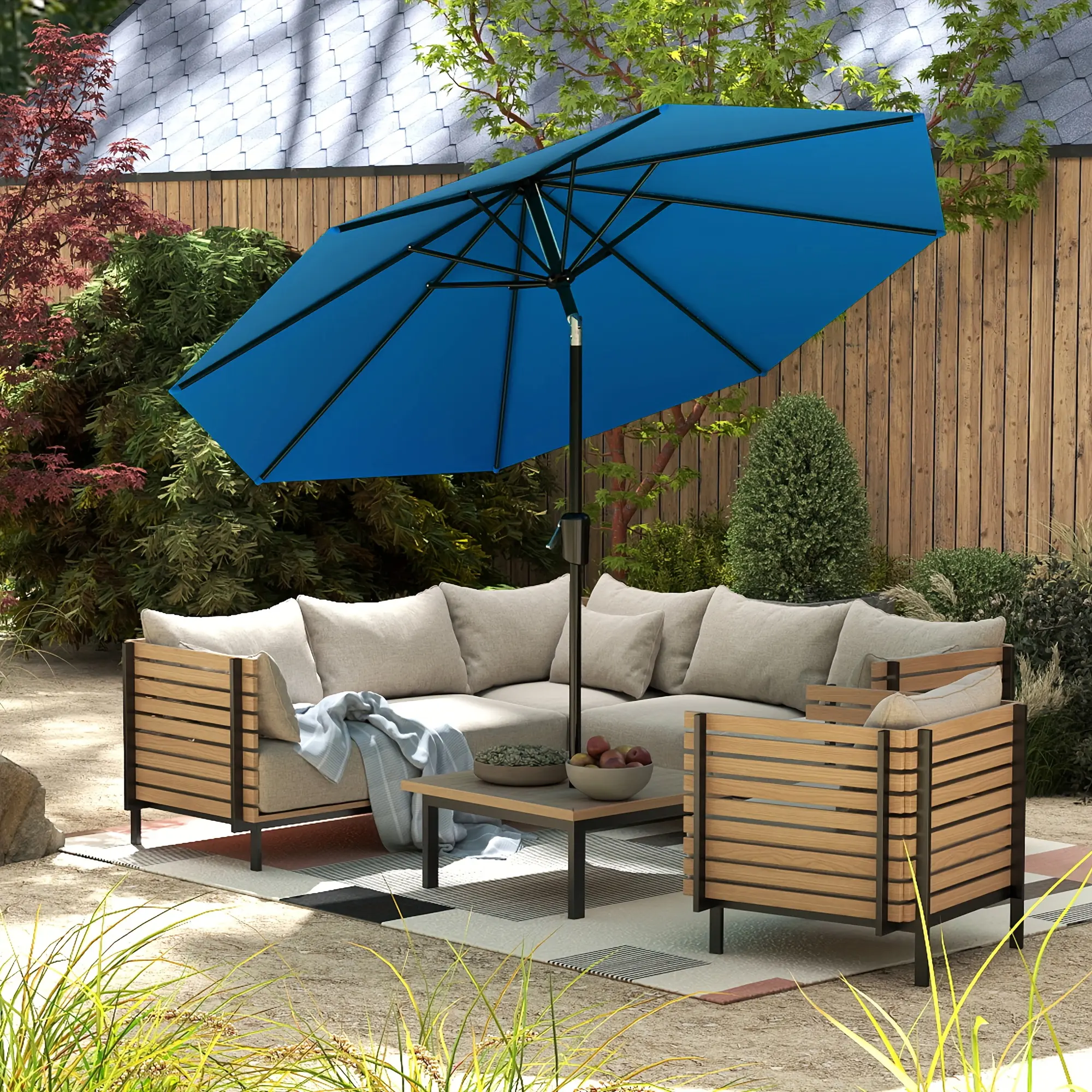 9/10FT Sturdy Classic Patio Umbrella with Push Button Tilt, Crank, 8 Ribs, Sun Protection, UV Resistant Canopy, Easy Adjustment – Outdoor Patio Decor for Garden, Deck, Backyard