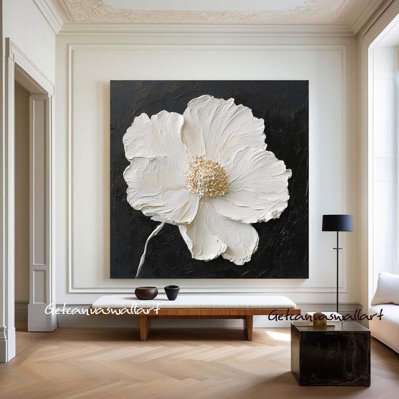 [Unframed] Black & White Impasto Flower Painting Large Minimalist Textured Floral Wall Art Print Modern Wall Decor