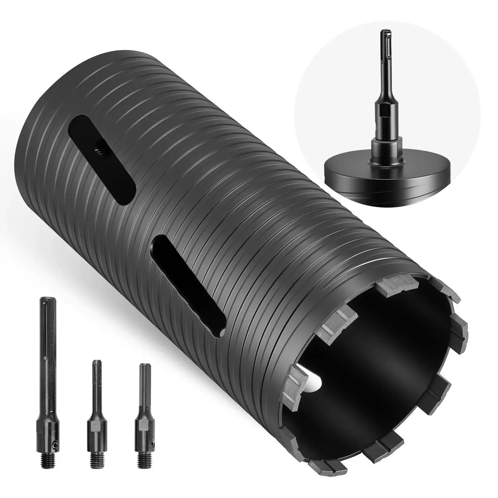 【summerfinds】VEVOR Core Drill Bit, 4-1/2 inch Diameter, 9-1/2 inch Drilling Depth, 5/8-11 Internal Thread, Diamond Dry Coring Bit with 3 Adapters, Pilot Drill and Hex Wrench, for Concrete, Red Bricks, and Masonry