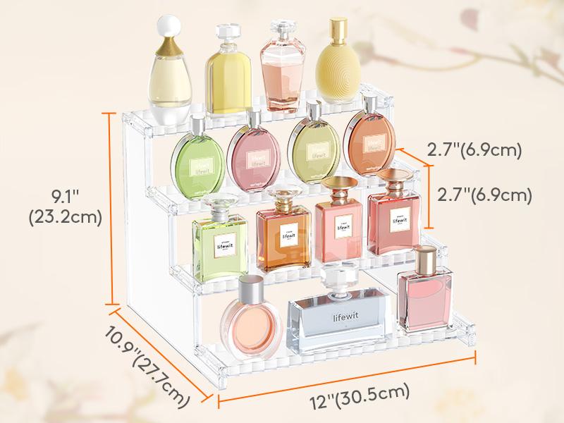 Lifewit 12 Inch 4 Tier White Display Stand with Decorative Fences for Cologne, Fragrance, Figures, Cupcakes & Perfumes - Versatile Storage for Vanity