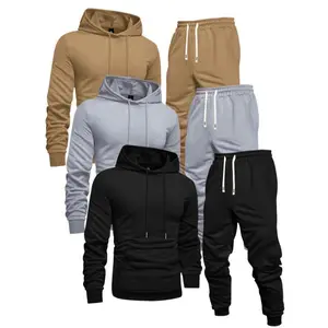 High quality men's casual sports hoodie and sweatpants set, solid color, long sleeved pullover pocket, knitted polyester fiber, slight elasticity, regular fit, elastic waist with drawstring, ribbed cuffs long pants - Spring and Autumn sportswear top