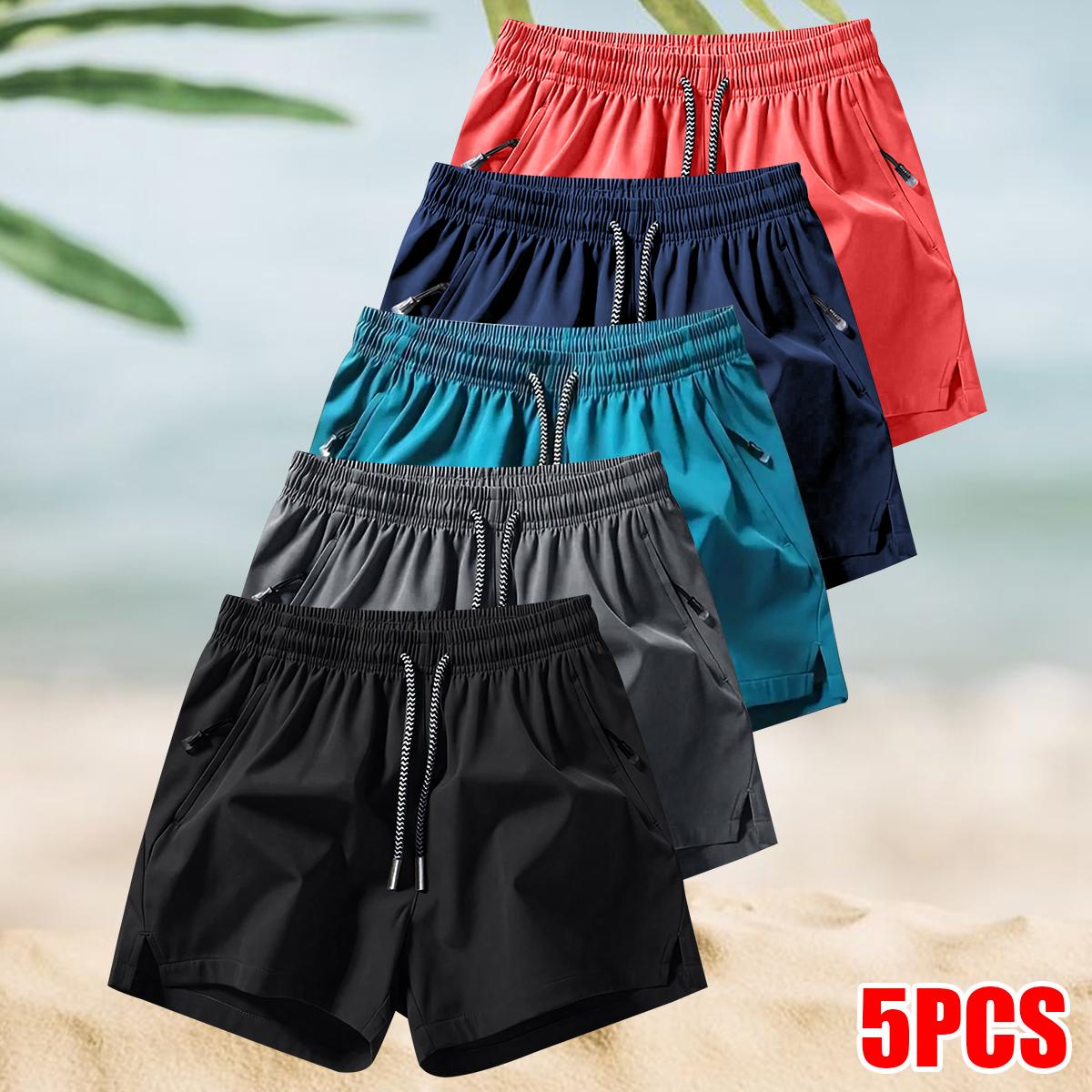 Men's 5-Pack Solid Color Quick-Dry Shorts, Casual Slightly Stretchy Elastic Waist Drawstring Shorts, Suitable for Summer Gym Workouts, Running, and Outdoor Activities, Comfortable and Adjustable SpringStatements