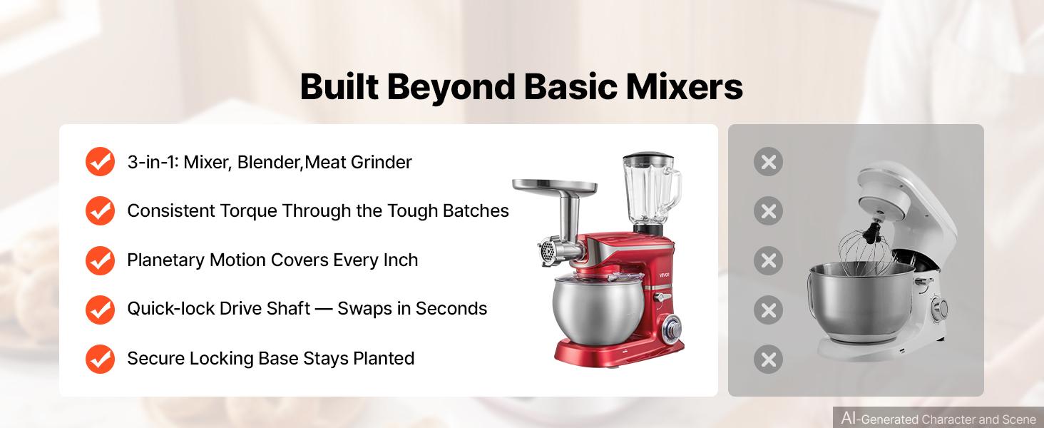 VEVOR 6.3 Qt 3-in-1 Tilt Head Stand Mixer 400W Electric Dough Mixer, Multifunctional Food Kitchen Mixer with Stainless Steel Bowl, Meat Grinder and Blender Attachments, Dough Hook, Whisk, Beater
