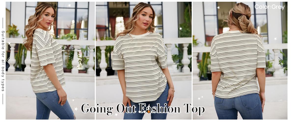 MEROKEETY Women's 2026 Summer Short Sleeve Tops Casual Colourful Striped Crewneck Loose Work T Shirts Blouses