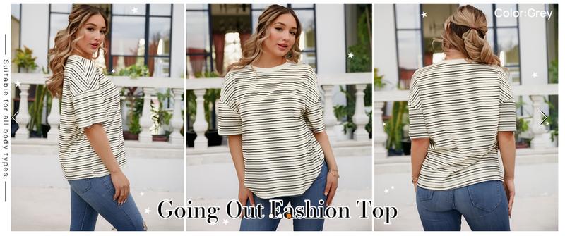 MEROKEETY Women's 2026 Summer Short Sleeve Tops Casual Colourful Striped Crewneck Loose Work T Shirts Blouses