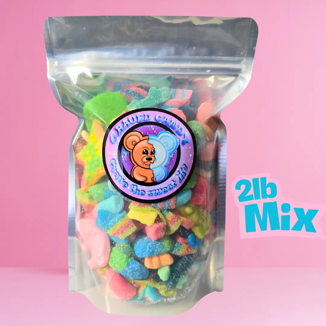 2lb Sweet & Sour Gummy Mix | Assorted Sweet & Sour Gummy Mix Candies | Favorite Flavors Blue Raspberry, Peach, Watermelon, Apple, Strawberry, Cherry, Snack, Bonbon, Rainbow,